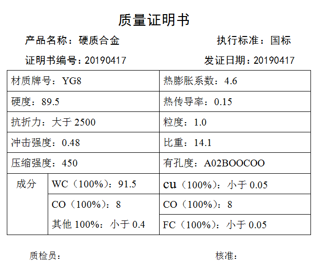 YG8鎢鋼材質(zhì)證明